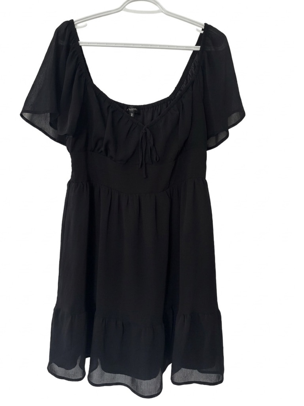 NWOT Black Tiered Boho Ruched Mini Dress Sweetheart Neck Flowy Off Shoulder
